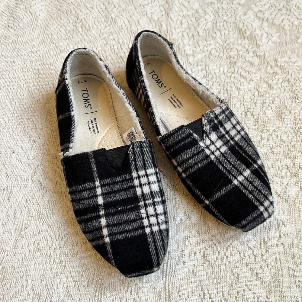 Toms Belmont plaid flannel slip on flats